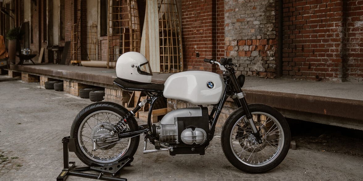 A BMW R80 donor bike installed with the LM Creations EV Drivetrain. Media sourced from The Pack.