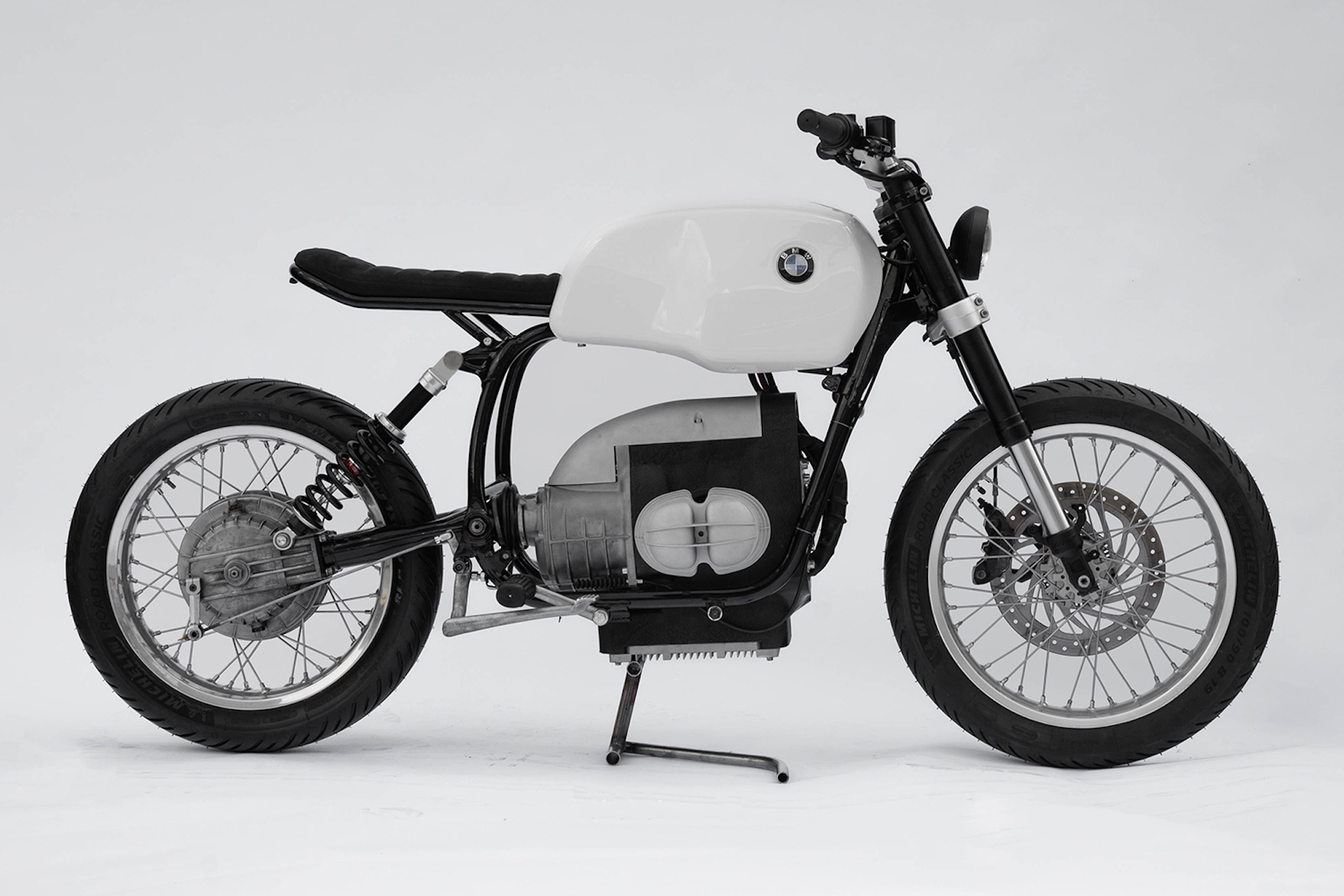 A BMW R80 donor bike installed with the LM Creations EV Drivetrain. Media sourced from The Pack.
