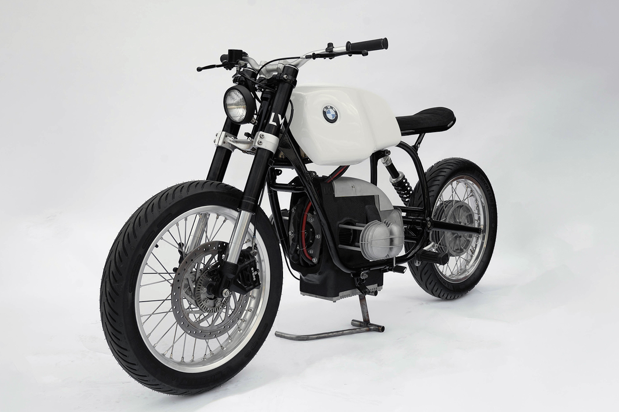 A BMW R80 donor bike installed with the LM Creations EV Drivetrain. Media sourced from The Pack.