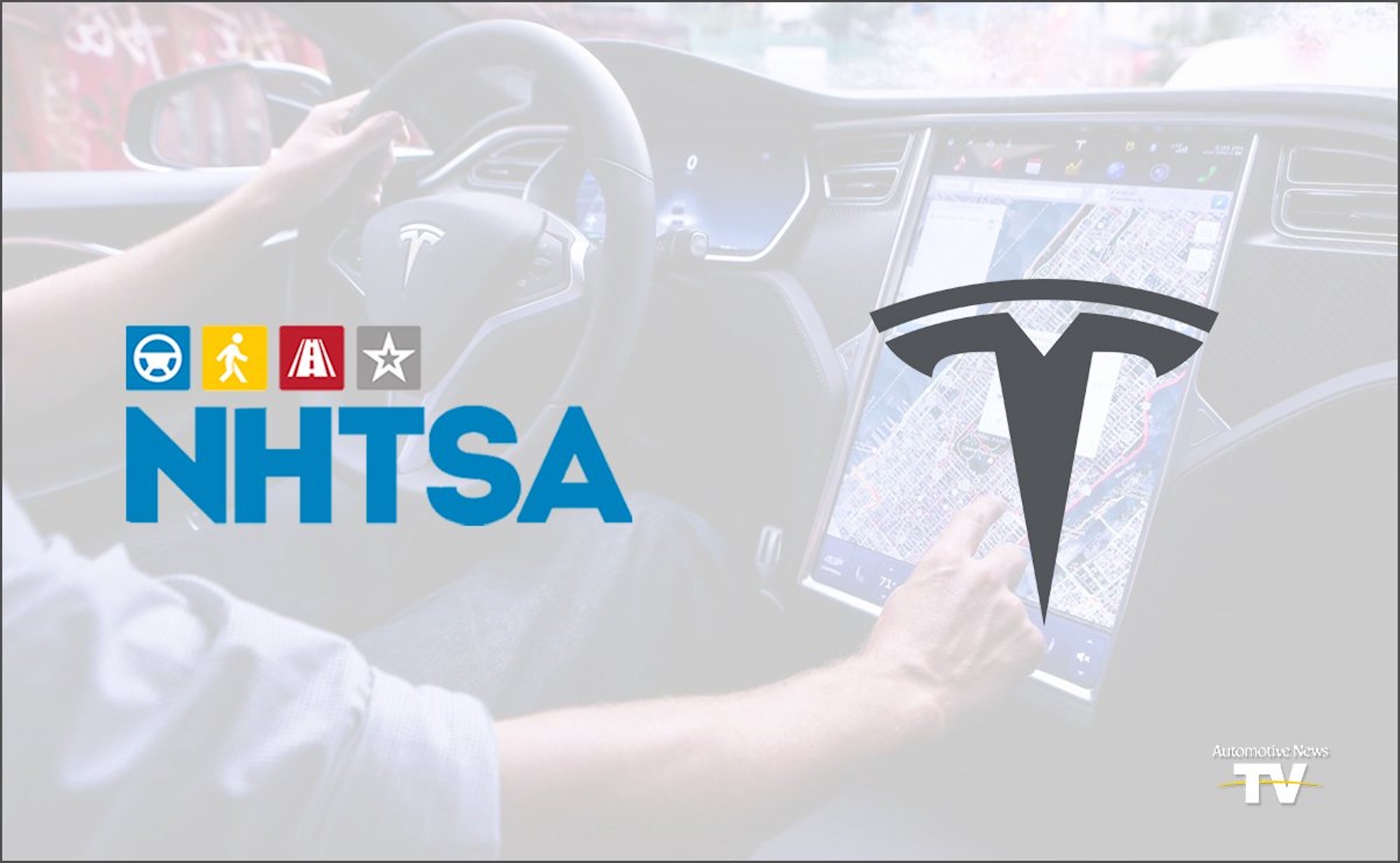 Logos of NHSTA and Tesla, in connection with recent Tesla-related accidents. Media sourced from Auto News.