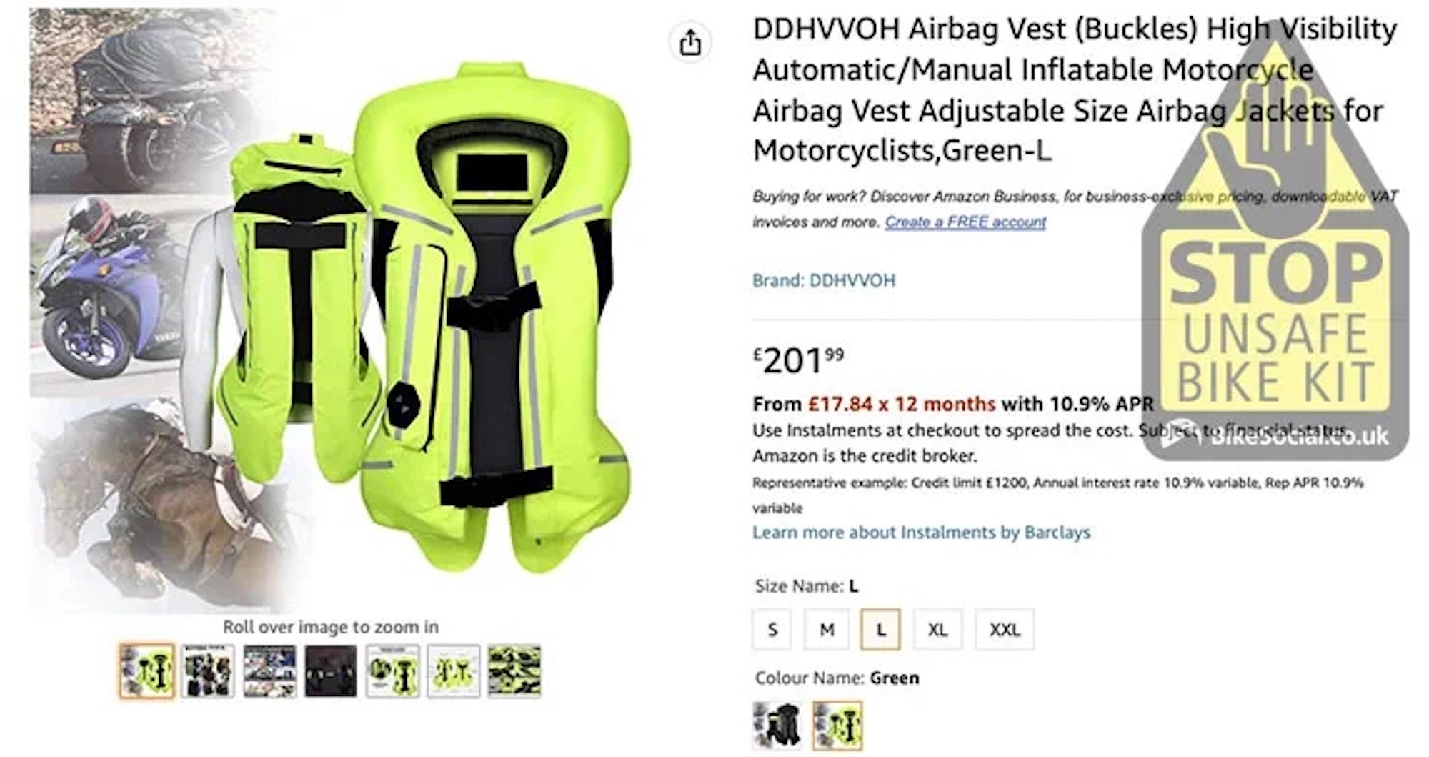 An image of a life jacket masquerading as a motorcycle airbag with irrelevant safety ratings. Media sourced from Bennetts. 