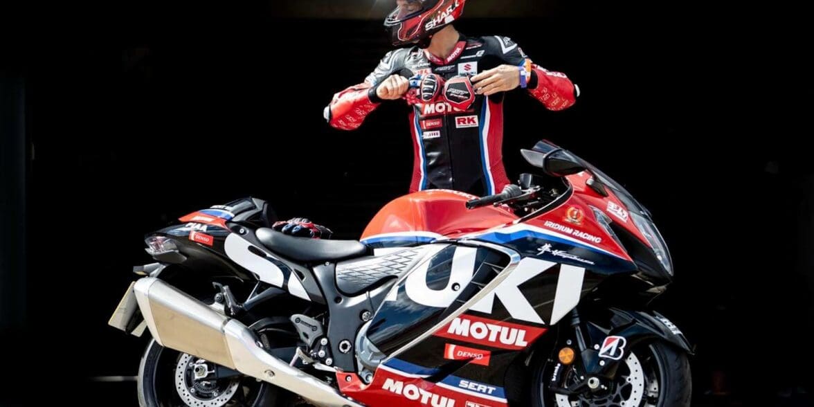 Suzuki’s MotoGP test rider and reigning Endurance World Champion (EWC), Sylvain Guintoli, with his brand new 'Bush, courtesy of Suzuki. Media sourced from Guintoli's Facebook.