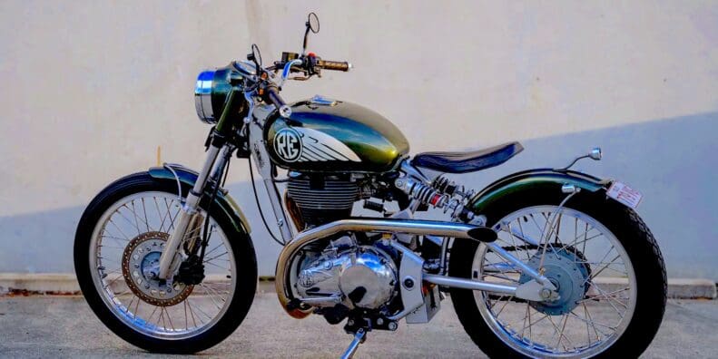 A Royal Enfield Classic 500 from Purpose Built Moto. Media sourced from Purpose Built Moto.