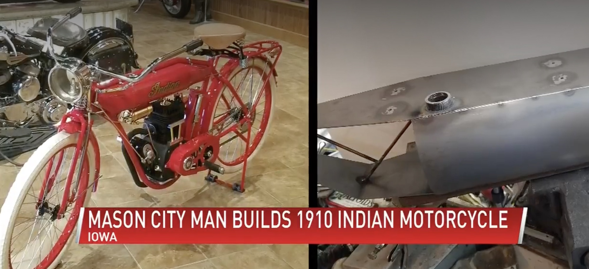 A hand-built 1910 Indian from the shop of one Raymond Quayle. Media sourced from KALLTV.