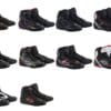 Various Alpinestars motorcycle boots and shoes on white background