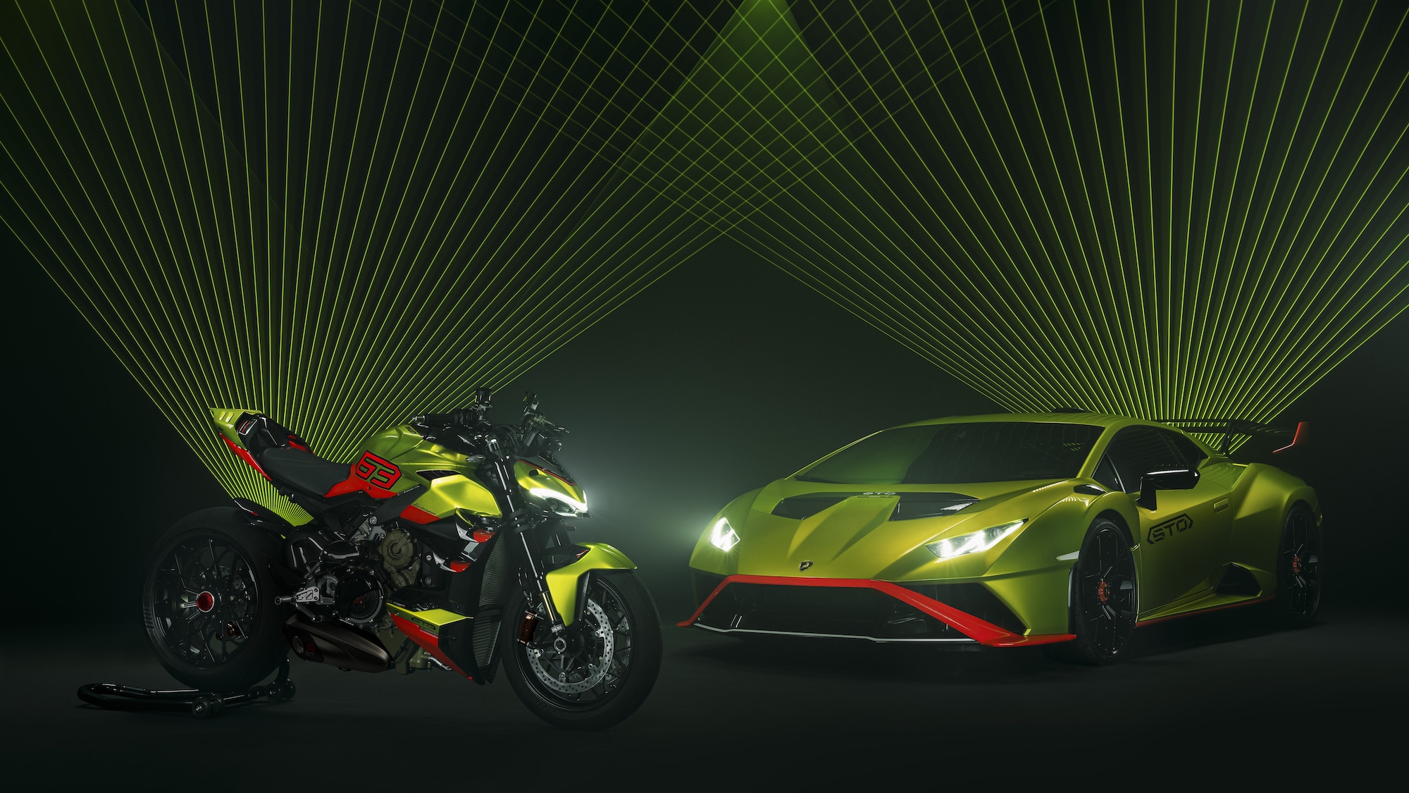 The ultra-luxurious Lamborghini Huracán STO next to Ducati's Streetfighter V4 Lamborghini. Media sourced from Ducati's press release. 