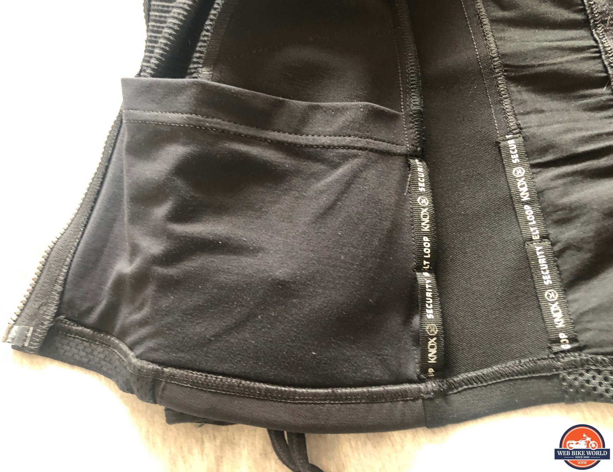Closeup of the interior pocket which does not have zippers