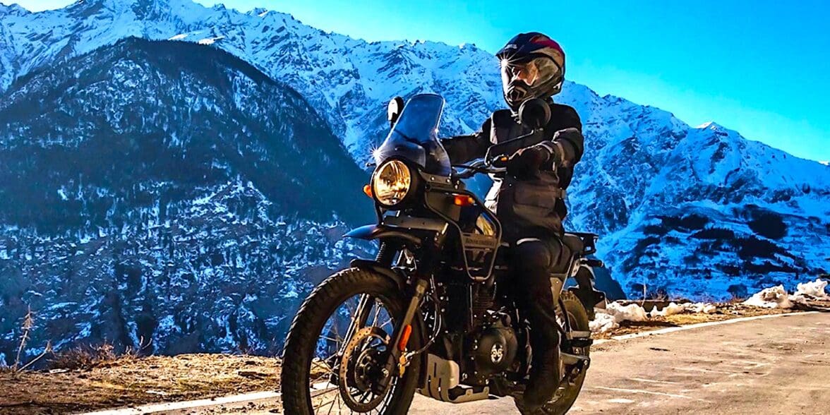 A Royal Enfield Himalayan rider in gorgeous topography. Media sourced from Motorbiscuit.
