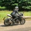 Rider wearing the Oxford AA leggings on a Triumph Scrambler 1200 XC