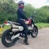 Rider wearing the Oxford AA leggings on a Triumph Scrambler 1200 XC