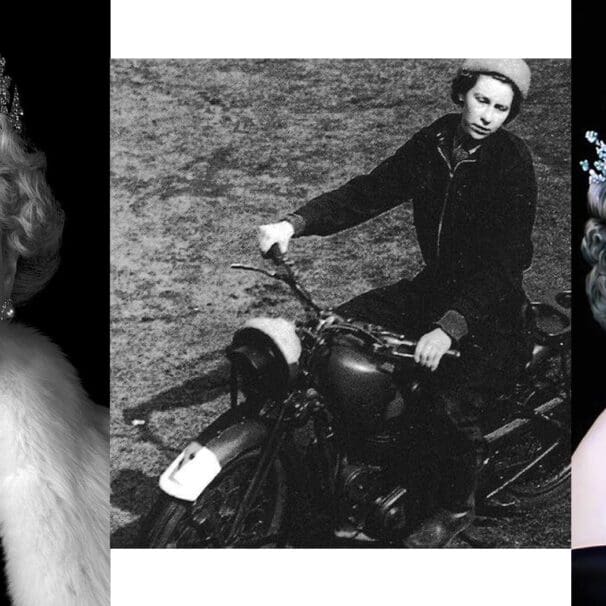 The late Queen Elizabeth the Second, pictured in more modern times, in her youth on a motorcycle, and in her initial days as queen. Media sourced from BBC, GlobalNewswire, and Bike Sales.