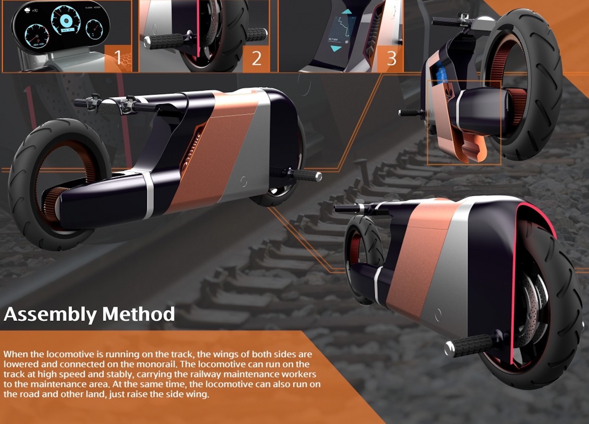 A Railroad motorcycle created by a university on the concept of function in the railroad industry. Media sourced from AutoEvolution.