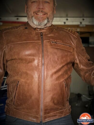 Author wearing REV'IT Restless leather jacket with front done up