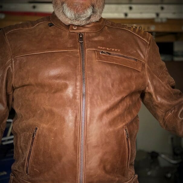 Author wearing REV'IT Restless leather jacket with front done up