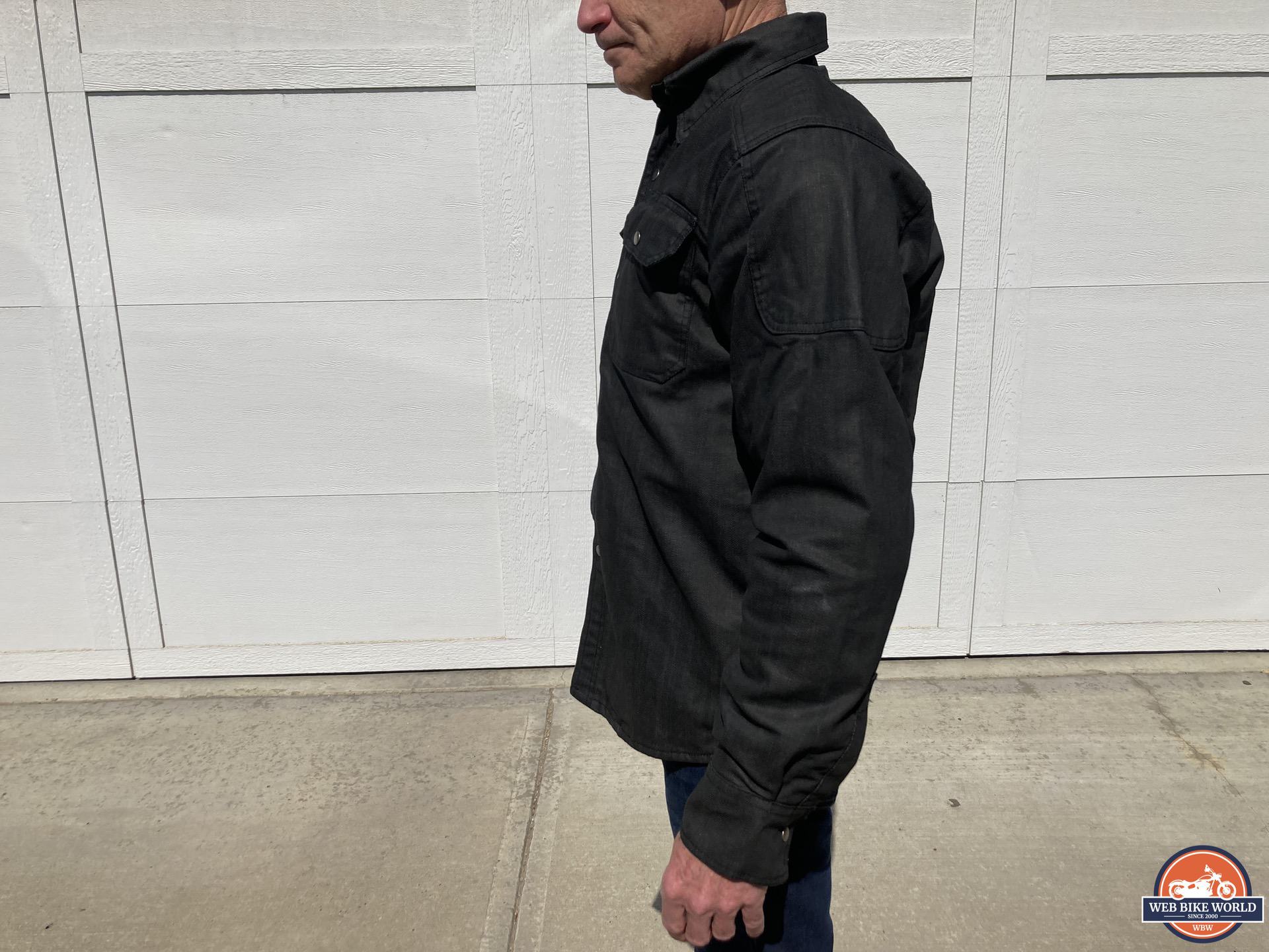 Side view of author wearing Scorpion EXO Covert Waxed Riding Shirt
