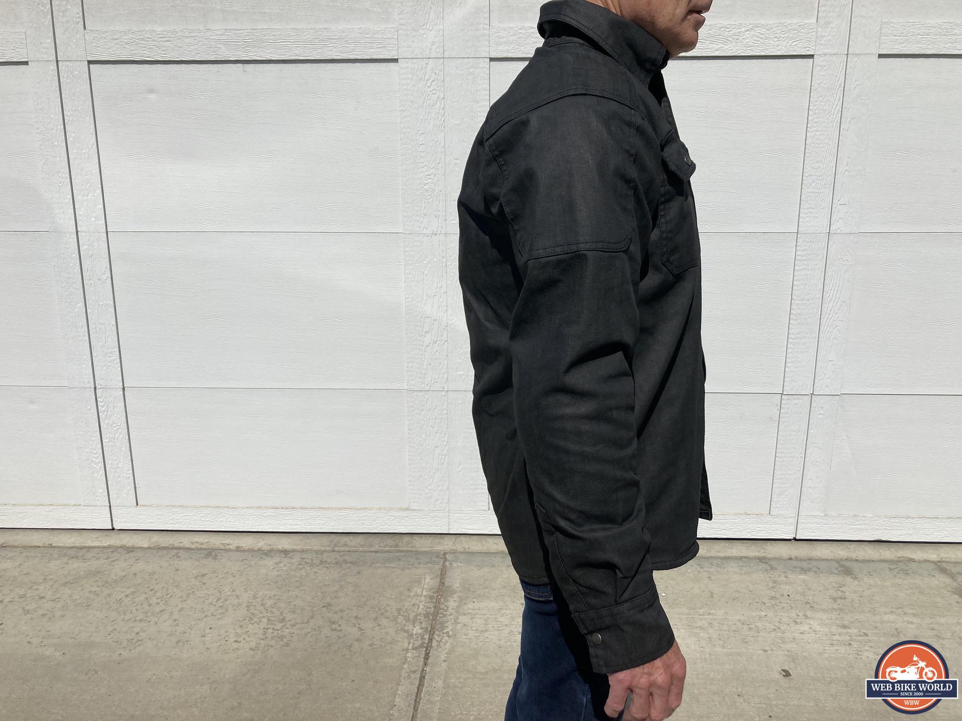 Side view of author wearing Scorpion EXO Covert Waxed Riding Shirt