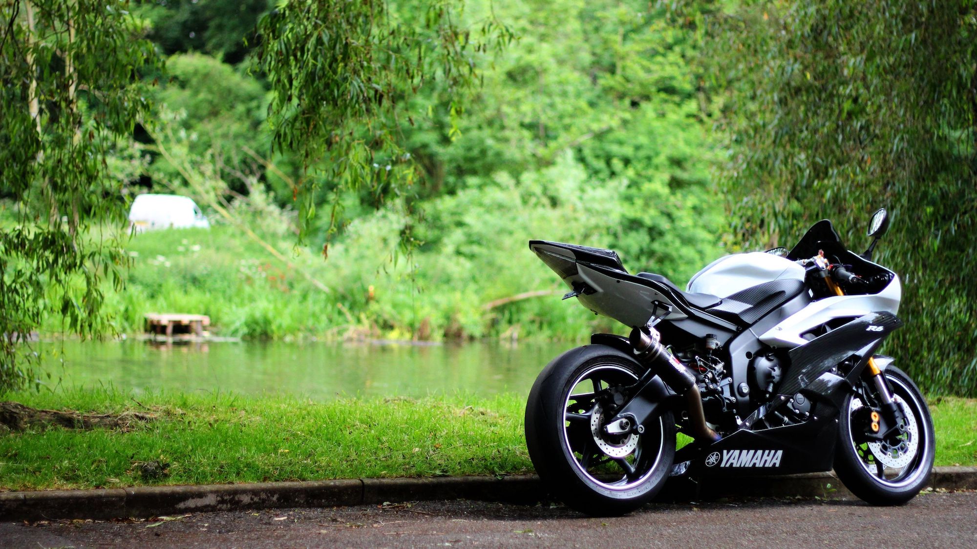 A Yamaha bike in the forest. Media sourced from Wallpaper Dog.