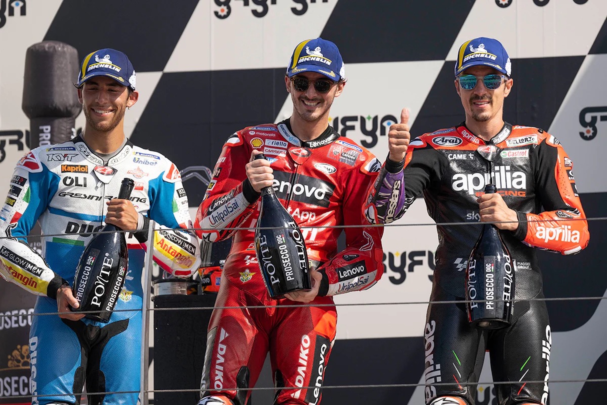 Pecco Bagnaia celebrating his fourth GP win. Media sourced from AlpineStars.