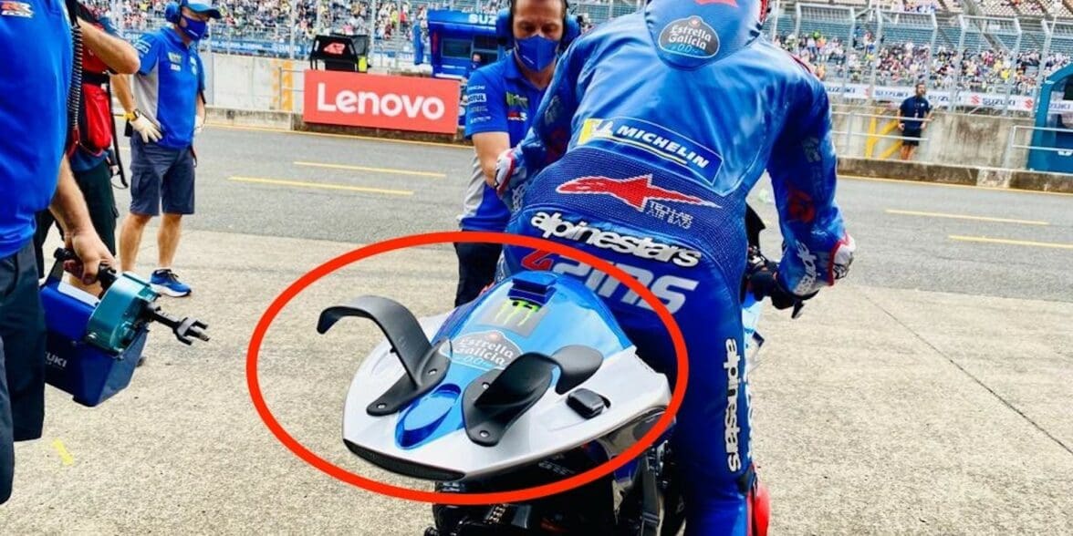 Suzuki prototyping some new rear winglets on the MotoGP track. Media sourced from Crash.