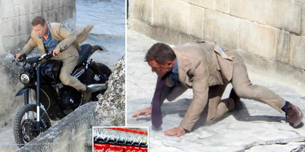 Daniel Craig in his mind-boggling wall jump, which involved 8,400 gallons of coca cola. Media sourced from Daily Mail.