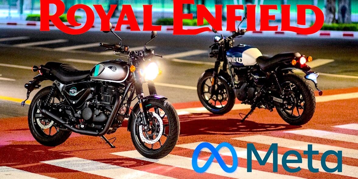 Two Royal Enfield motorcycles behind 'RE' and 'Meta' logos, showing collaboration between the two groups. Media sourced from Wikimedia Commons and the Financial Express.