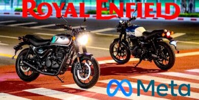 Two Royal Enfield motorcycles behind 'RE' and 'Meta' logos, showing collaboration between the two groups. Media sourced from Wikimedia Commons and the Financial Express.