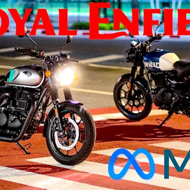 Two Royal Enfield motorcycles behind 'RE' and 'Meta' logos, showing collaboration between the two groups. Media sourced from Wikimedia Commons and the Financial Express.