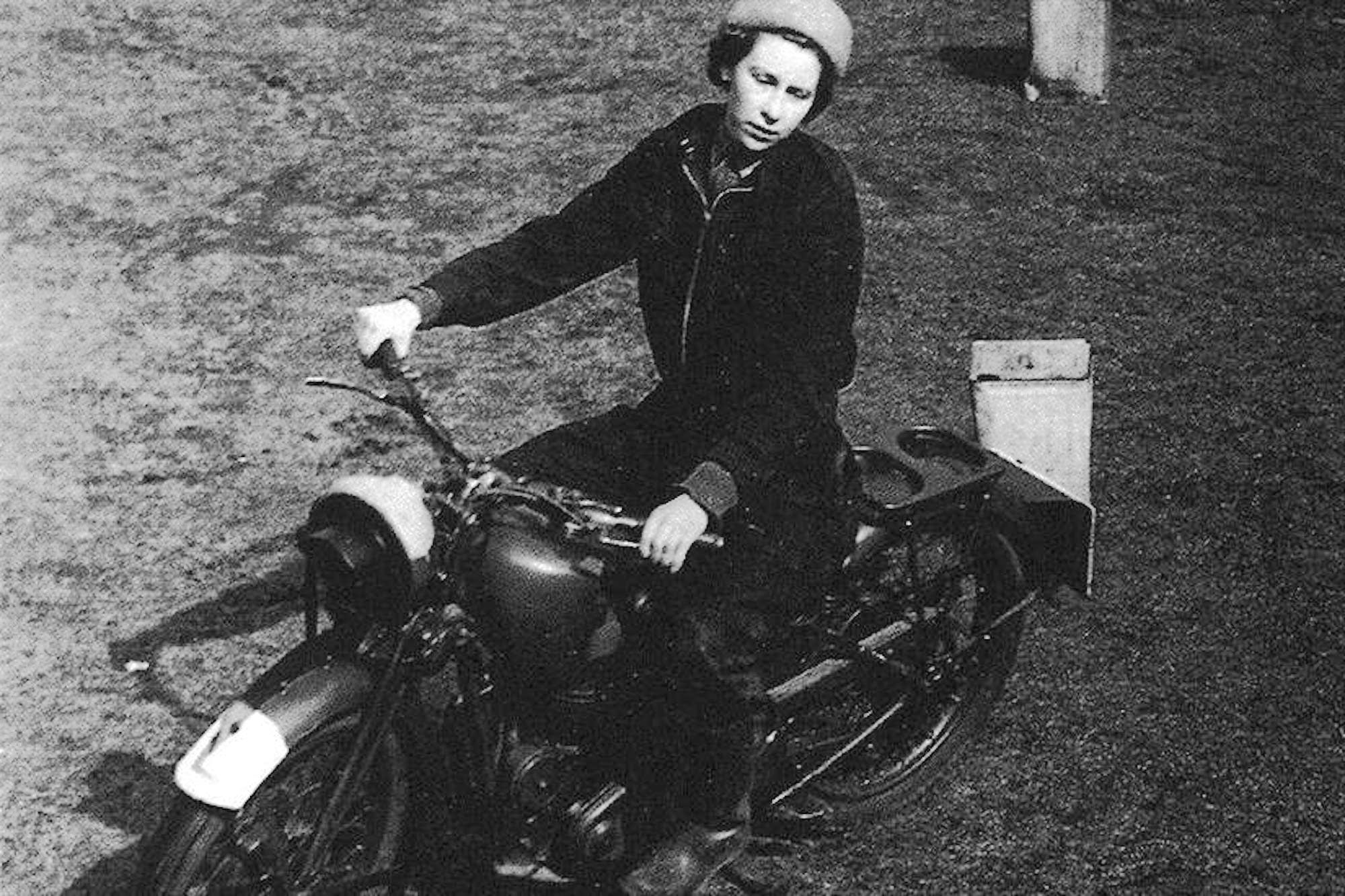 HM Princess Elizabeth on a BSA (some say Royal Enfield) motorcycle. Media sourced from Bike Sales.
