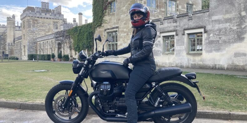 Author sitting on 2022 Moto Guzzi V7 Stone