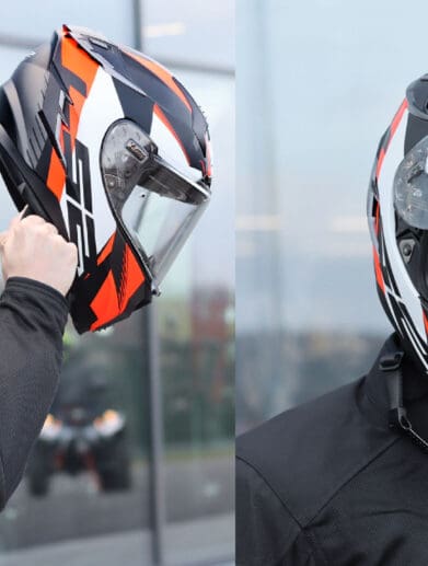 An image of a rider wearing a balaclava putting on his helmet.