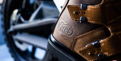 Close-up of Fuel Dust Devil Boot worn by author while riding motorcycle