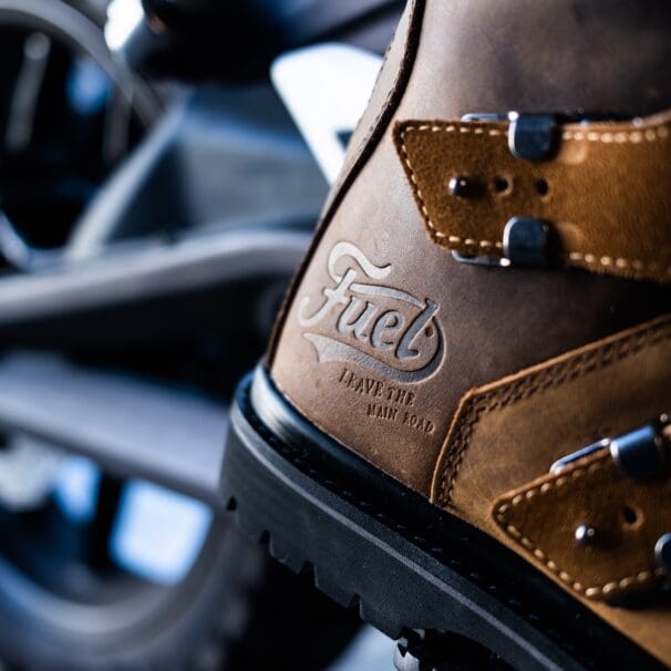 Close-up of Fuel Dust Devil Boot worn by author while riding motorcycle