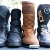 Front view of four different motorcycle boots including a Fuel Dust Devil Boot