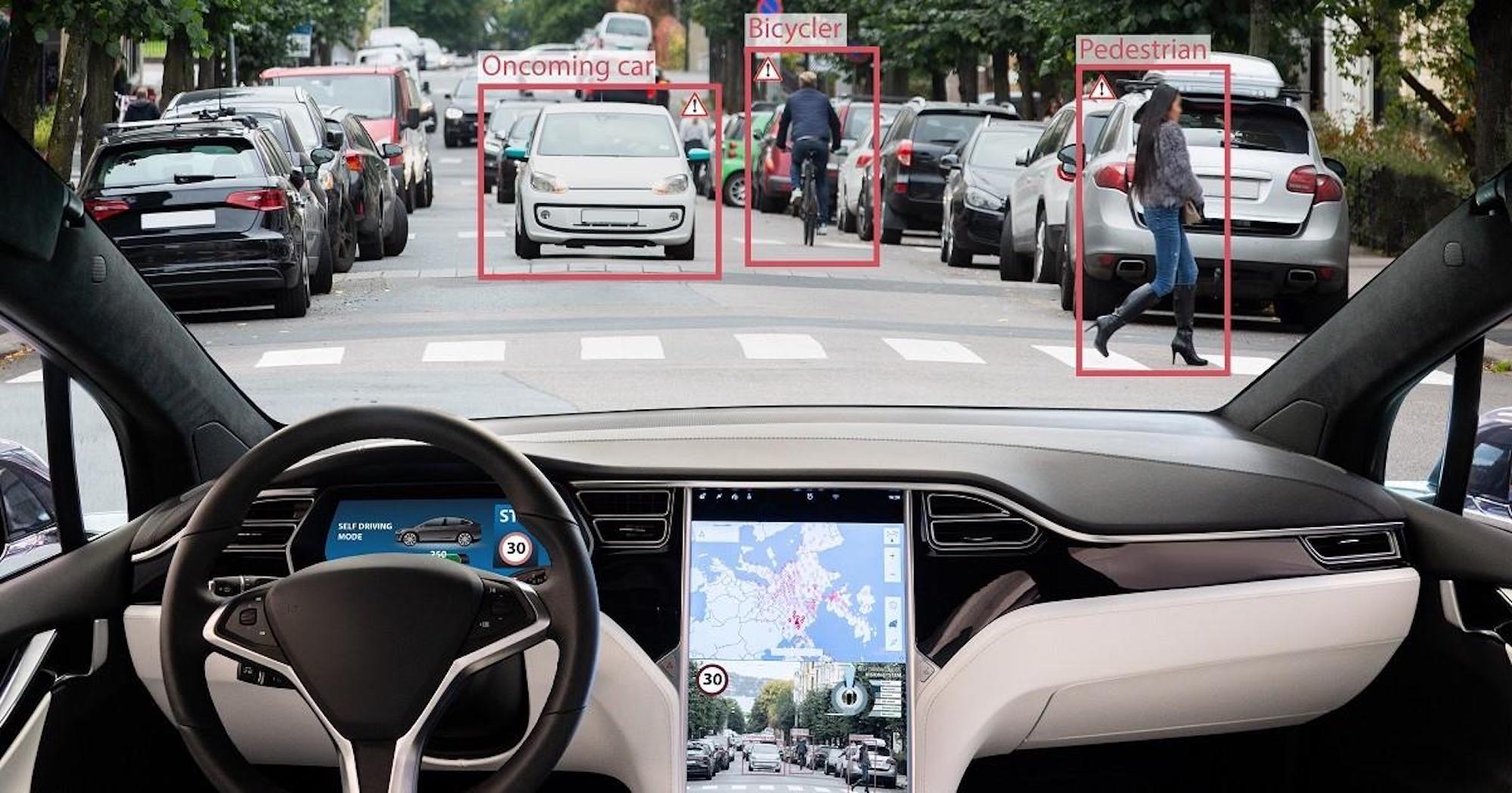 A self-driving car showing what moving objects are alerted to the car's program. Media sourced from Gigabyte.