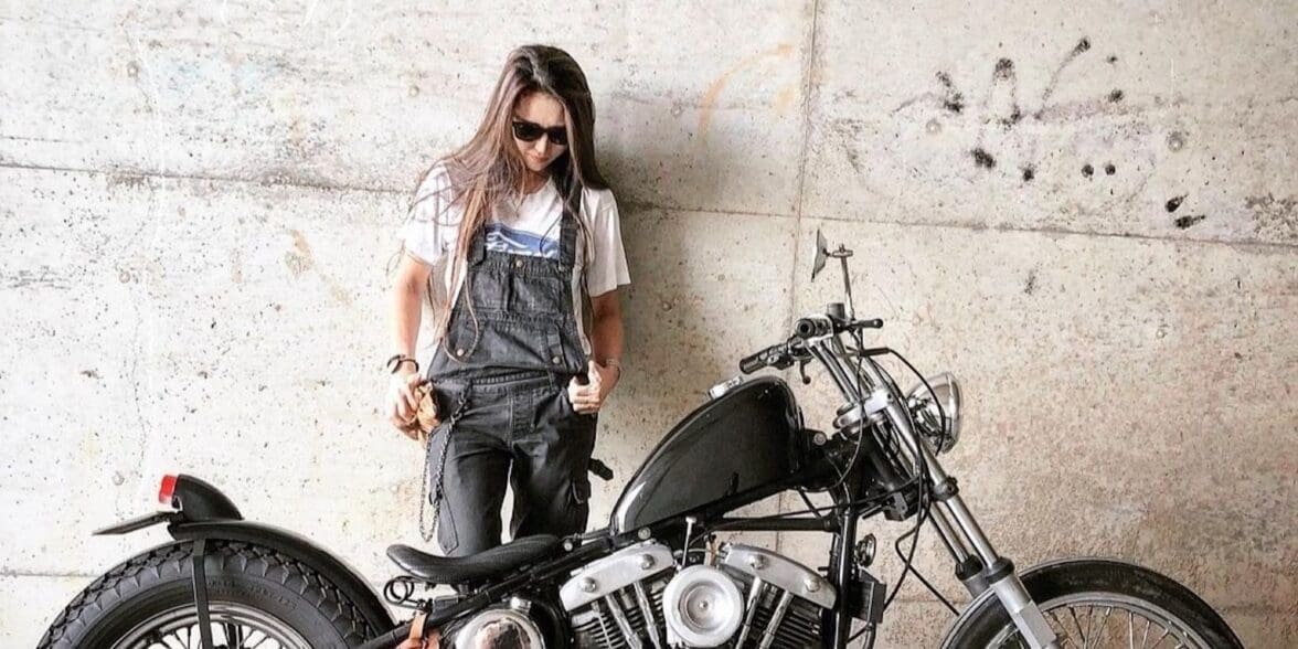 A woman with a Harley motorcycle. Media sourced from Harley's website.