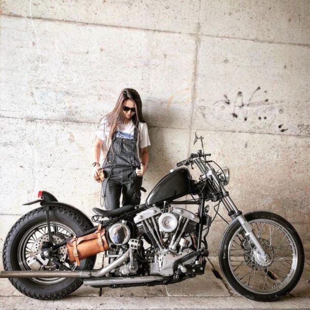 A woman with a Harley motorcycle. Media sourced from Harley's website.