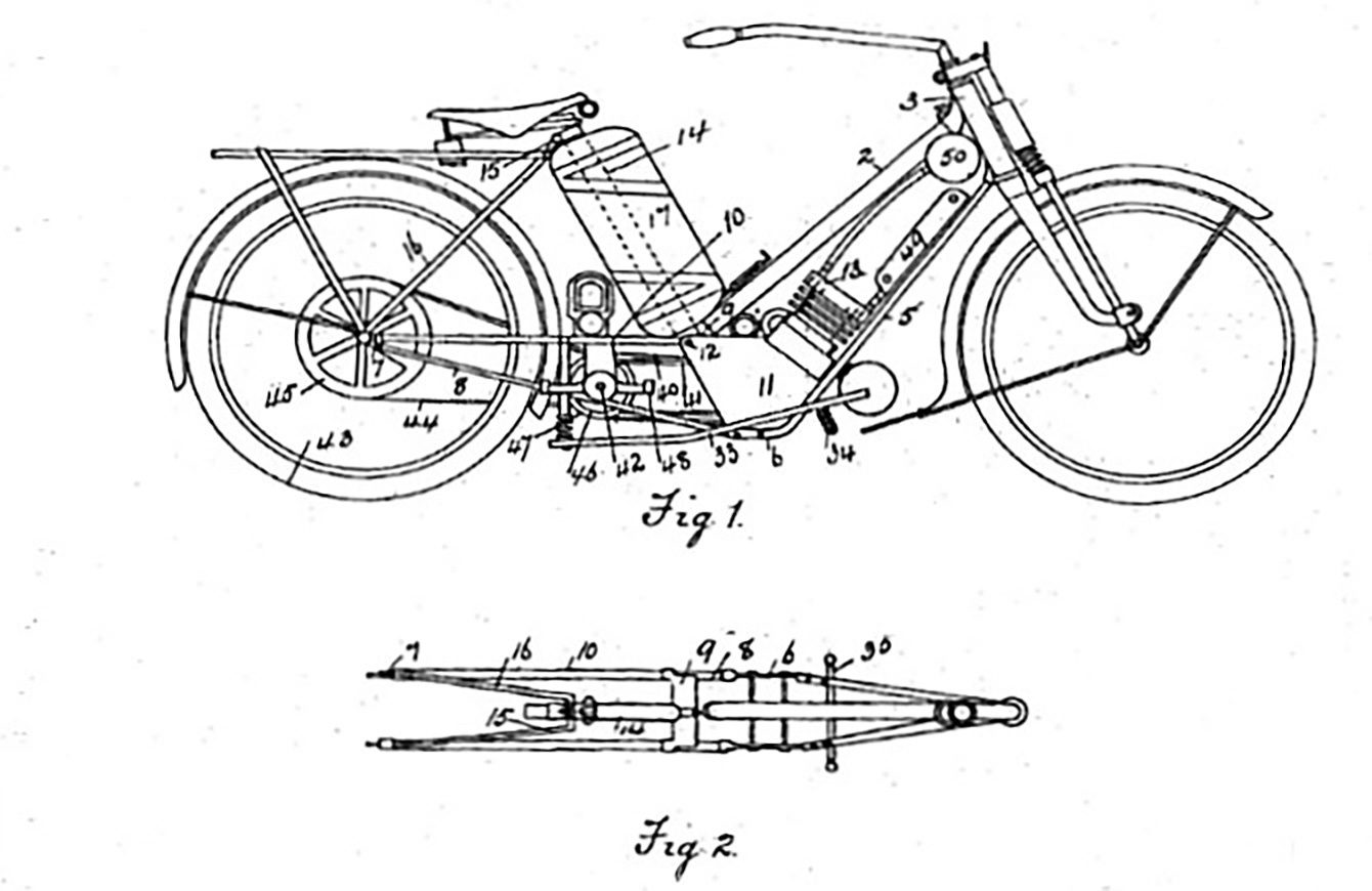 a blueprint from 1908 showing an early motorcycle design