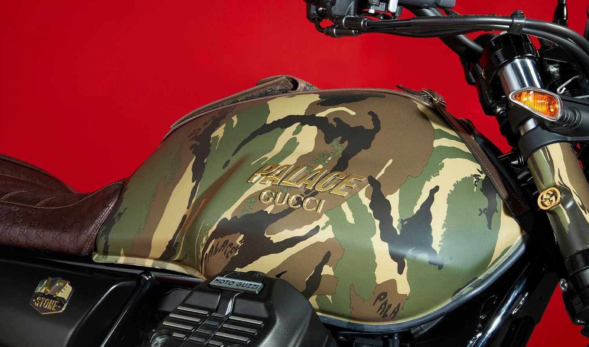 The Palace Gucci Moto Guzzi V7 Stone Limited Edition, created in collaboration with Gucci and Palace Skateboards. Media sourced from RideApart.