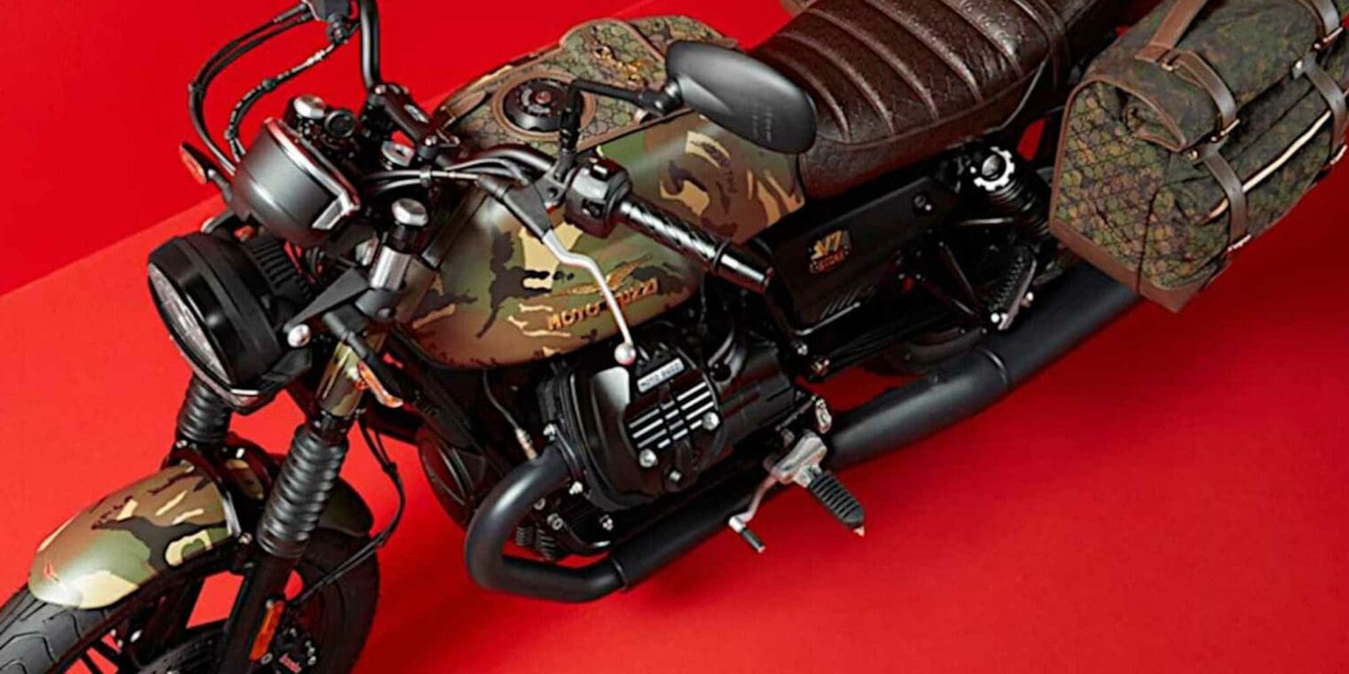 The Palace Gucci Moto Guzzi V7 Stone Limited Edition, created in collaboration with Gucci and Palace Skateboards. Media sourced from RideApart.