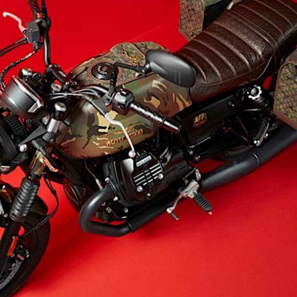 The Palace Gucci Moto Guzzi V7 Stone Limited Edition, created in collaboration with Gucci and Palace Skateboards. Media sourced from RideApart.
