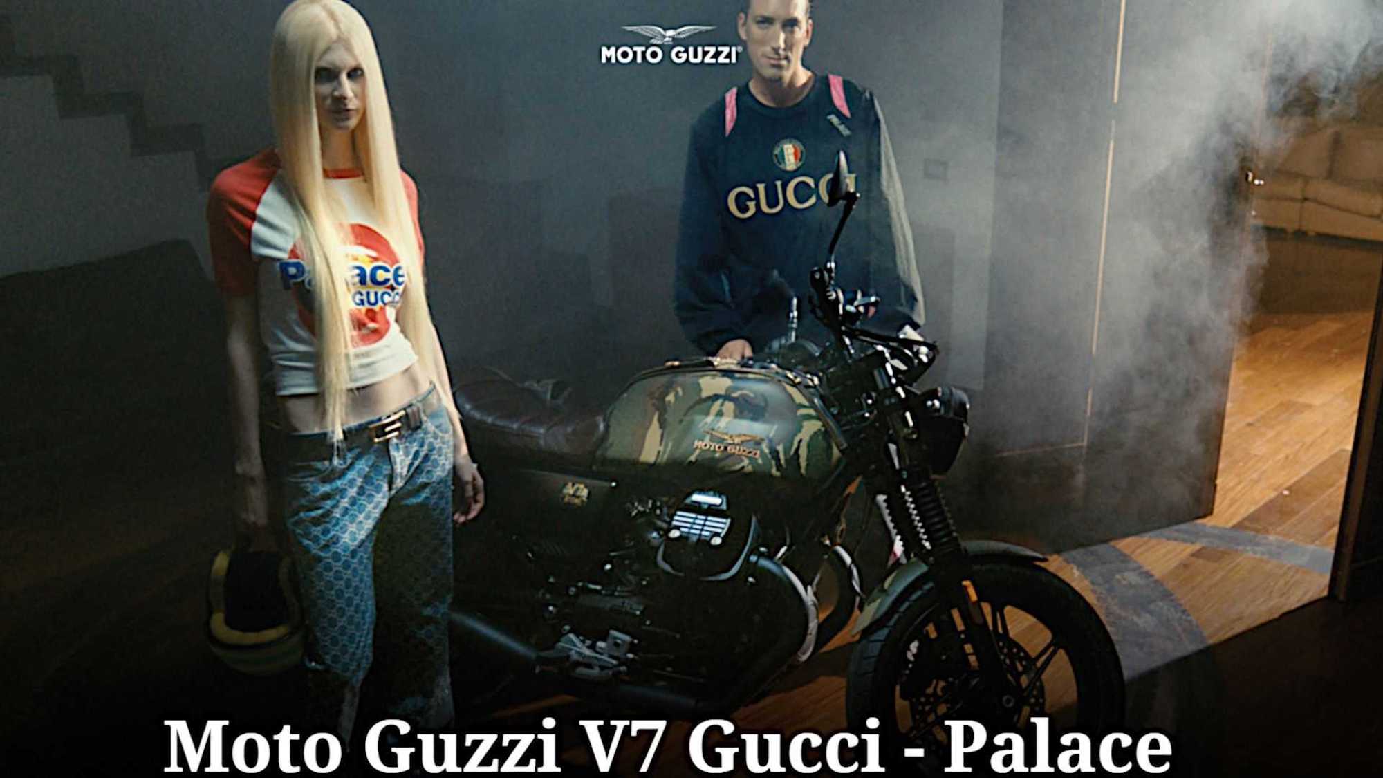 The Palace Gucci Moto Guzzi V7 Stone Limited Edition, created in collaboration with Gucci and Palace Skateboards. That lady doesn't look particularly happy, but we're thinking the grin will come when she puts on some good gear and gets out on the road. Media sourced from RideApart. 