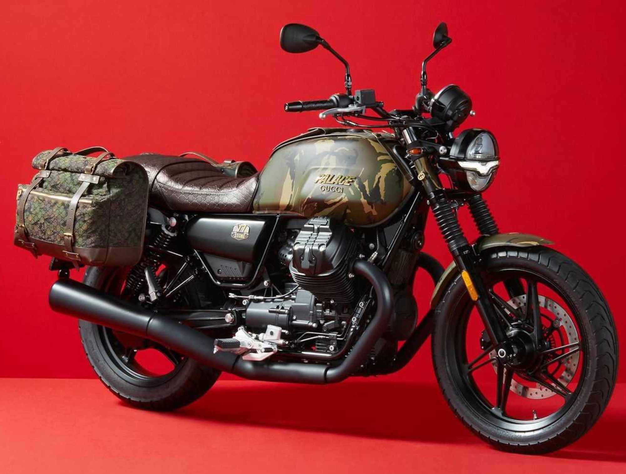 The Palace Gucci Moto Guzzi V7 Stone Limited Edition, created in collaboration with Gucci and Palace Skateboards. Media sourced from RideApart.