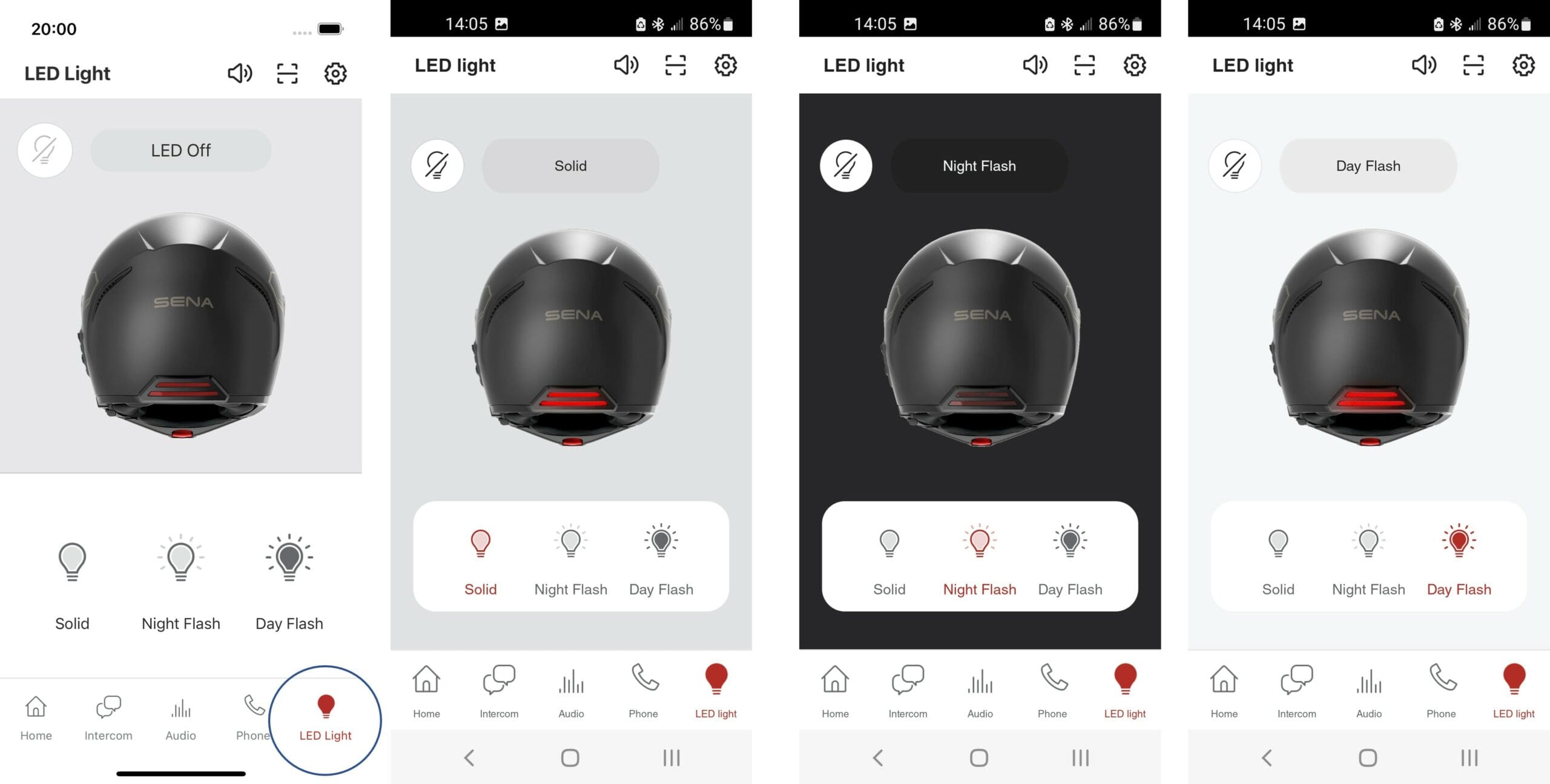 Sena app showing settings for LED Light on Impulse Modular Smart Helmet