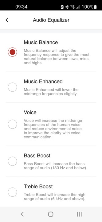 Audio equalizer screen on Sena app