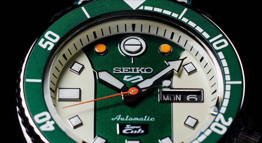 The Seiko 5 Sports Honda Super Cub Limited Edition Chronograph. Media sourced from Seiko Watches.