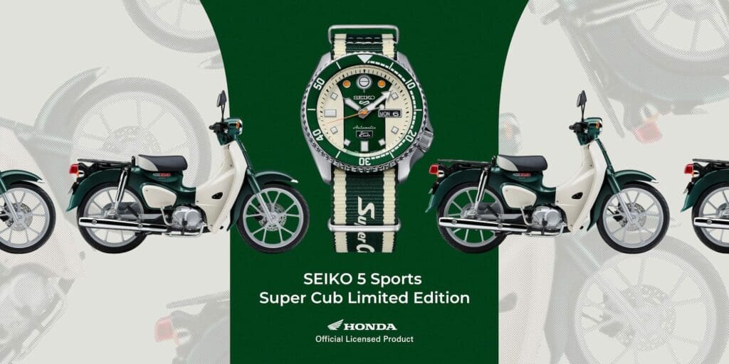 The Seiko 5 Sports Honda Super Cub Limited Edition Chronograph. Media sourced from Seiko Watches.
