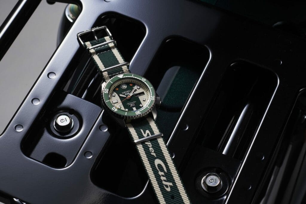 The Seiko 5 Sports Honda Super Cub Limited Edition Chronograph. Media sourced from Seiko Watches.