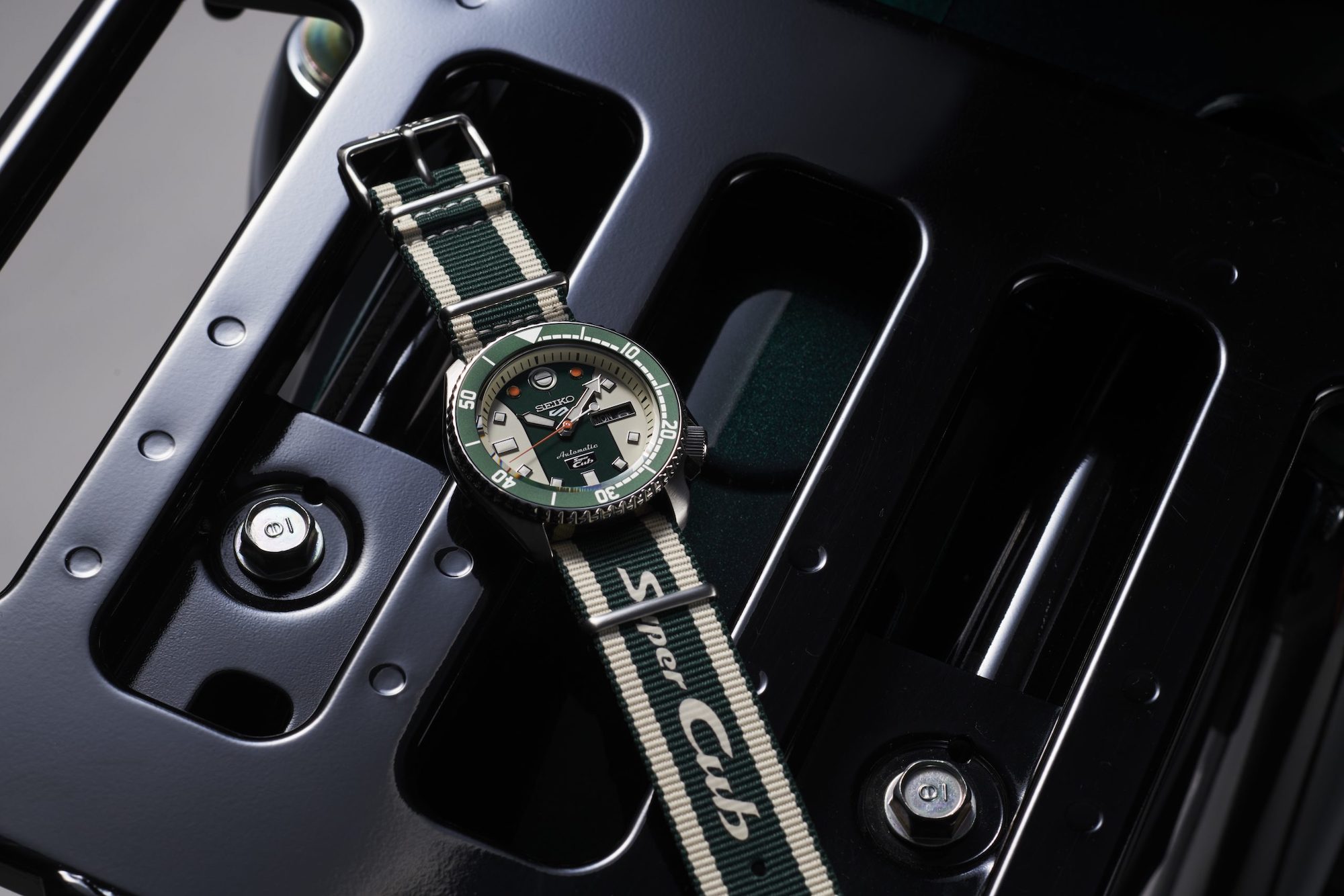 The Seiko 5 Sports Honda Super Cub Limited Edition Chronograph. Media sourced from Seiko Watches. 