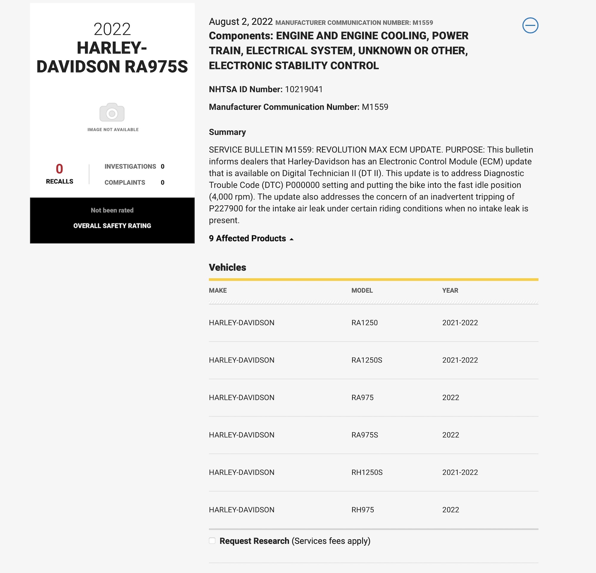 A view of communications re. Harley on NHTSA's website. Media sourced from NHTSA.