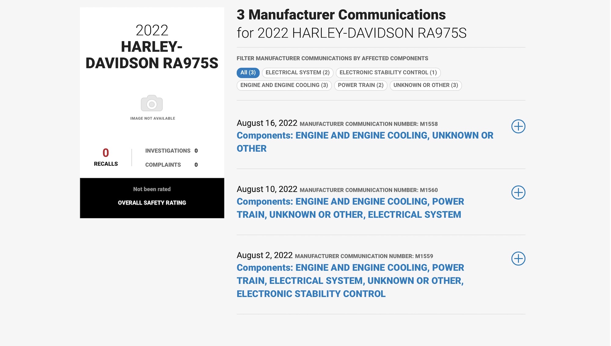 A view of communications re. Harley on NHTSA's website. Media sourced from NHTSA.